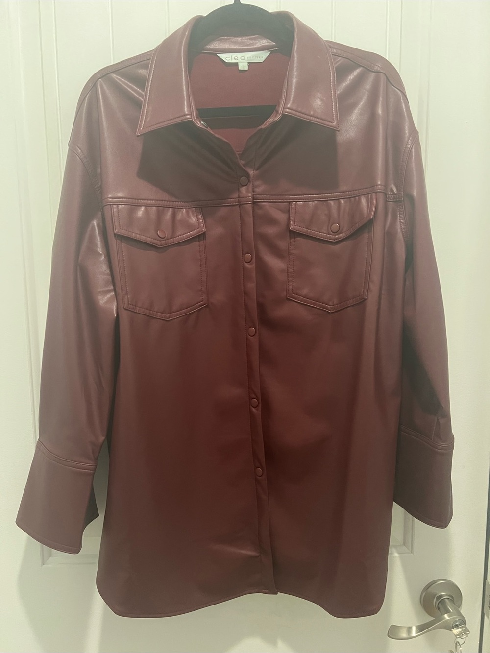 Cleo Women's Faux Leather Snap Up Shirt Jacket in Burgundy